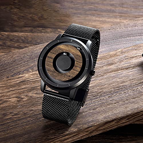 EUTOUR Reloj de Madera para Hombre Magnetico Cuarzo Sin Vidrio Rodamiento de Bolas Relojes de Pulsera para Hombres con Correa de Acero Inoxidable Negro