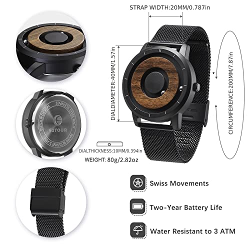 EUTOUR Reloj de Madera para Hombre Magnetico Cuarzo Sin Vidrio Rodamiento de Bolas Relojes de Pulsera para Hombres con Correa de Acero Inoxidable Negro