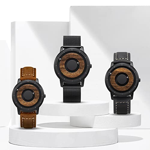 EUTOUR Reloj de Madera para Hombre Magnetico Cuarzo Sin Vidrio Rodamiento de Bolas Relojes de Pulsera para Hombres con Correa de Acero Inoxidable Negro