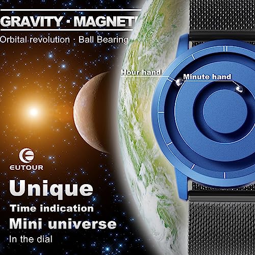 EUTOUR Reloj Magnetico Hombre Cuarzo Sin Vidrio Rodamiento de Bolas Relojes de Pulsera para Hombres con Correa de Acero Inoxidable Azul