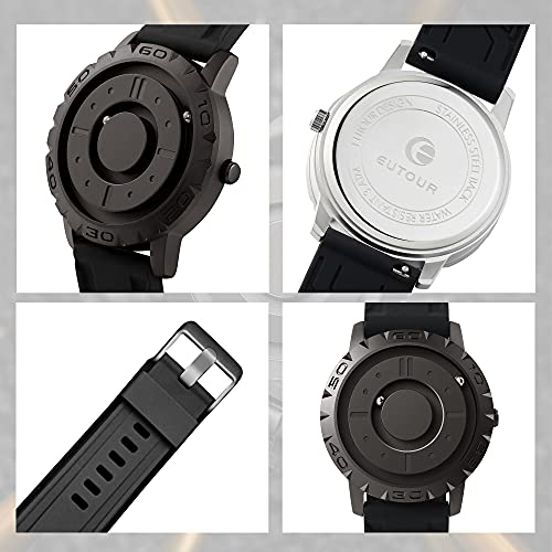 EUTOUR Reloj Magnetico Hombre Cuarzo Sin Vidrio Rodamiento de Bolas Relojes de Pulsera para Hombres con Correa en Silicona Negro