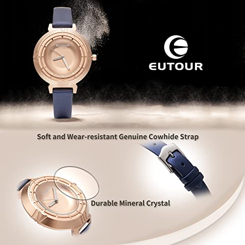 EUTOUR Reloj Mujer Cuarzo Analógico Elegante Designer Minimalista Rodamiento de Bolas Relojes de Pulsera para Mujeres con Correa en Cuero Dorado