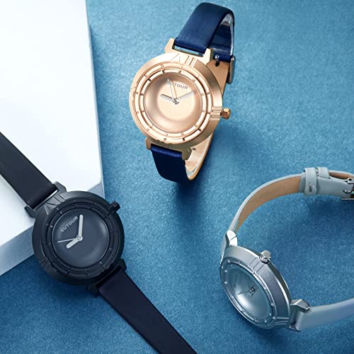 EUTOUR Reloj Mujer Cuarzo Analógico Elegante Designer Minimalista Rodamiento de Bolas Relojes de Pulsera para Mujeres con Correa en Cuero Dorado