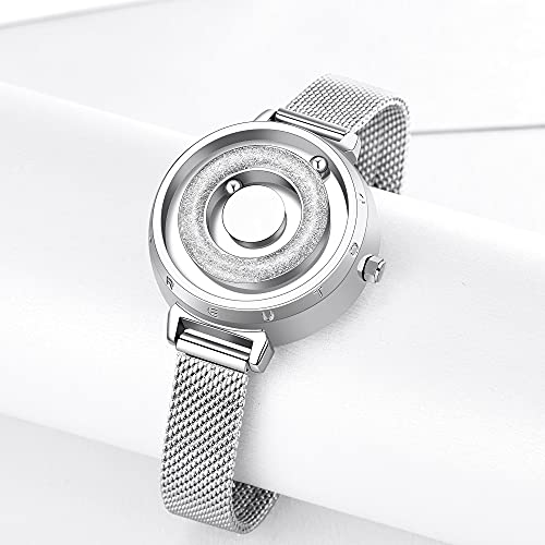 EUTOUR Reloj Mujer Magnetico Elegante Designer Minimalista Cuarzo Sin Vidrio Rodamiento de Bolas Relojes de Pulsera para Mujeres con Correa de Acero Inoxidable Plateado