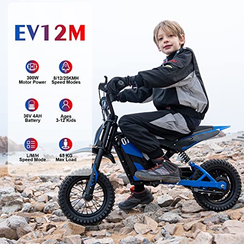 EVERCROSS EV12M Motocicleta Eléctrica Niños, Moto Eléctrica con Motor de 300 W, Modos de Velocidad de 8/12/25 KMH, 15 km de Largo Alcance, Neumático de 12'', Moto Cross para niños de 3 a 12 años