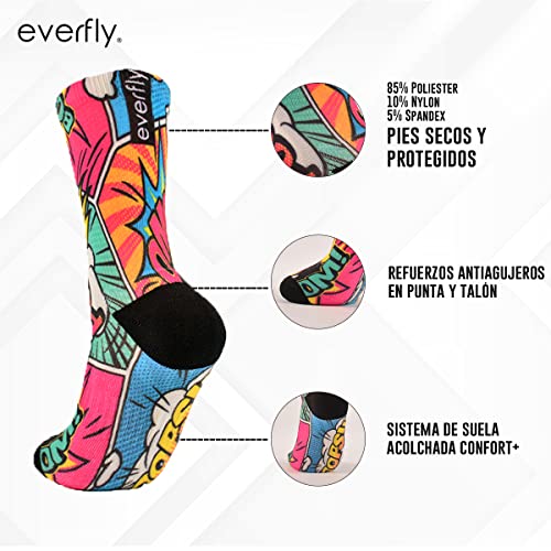 Everfly Calcetines Crossfit - Calcetines Hombre Divertidos Mujer - Media Caña Deporte Gimnasio Padel Baloncesto Ciclismo Running Futbol Senderismo Tecnico Amortiguacion Colores Ropa (Comic, 36-40)