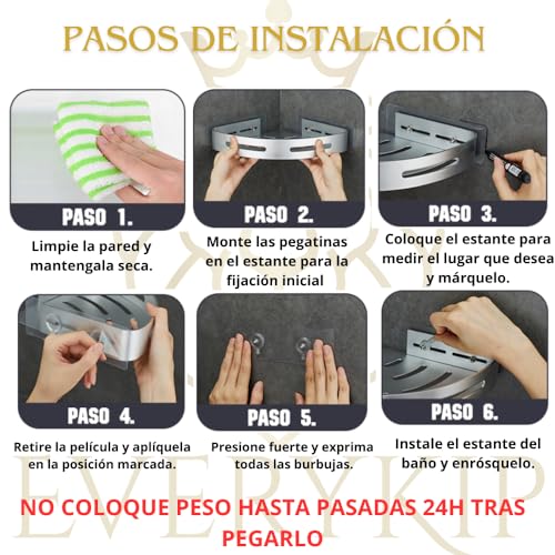 EveryKip® Estanteria de Ducha Esquinero sin Taladro Estante de Baño de Metal con 4 Ganchos de Ducha Antioxidante Portaobjetos de Baño de Pared 2 Piezas (Plata)