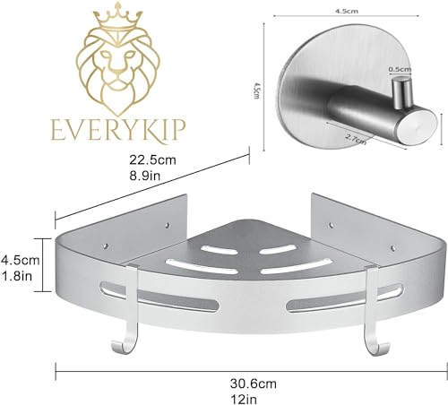 EveryKip® Estanteria de Ducha Esquinero sin Taladro Estante de Baño de Metal con 4 Ganchos de Ducha Antioxidante Portaobjetos de Baño de Pared 2 Piezas (Plata)