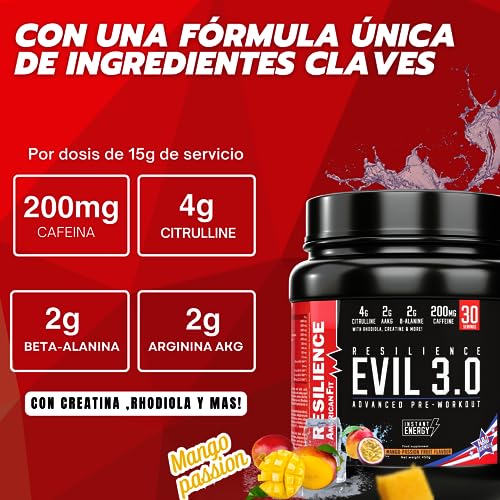 Evil 3.0|Gimnasio Preentreno|450g|Pre Workout con Cafeína|Creatina en Polvo|Beta Alanina|Preentrenamiento Potente| Mango Pasion