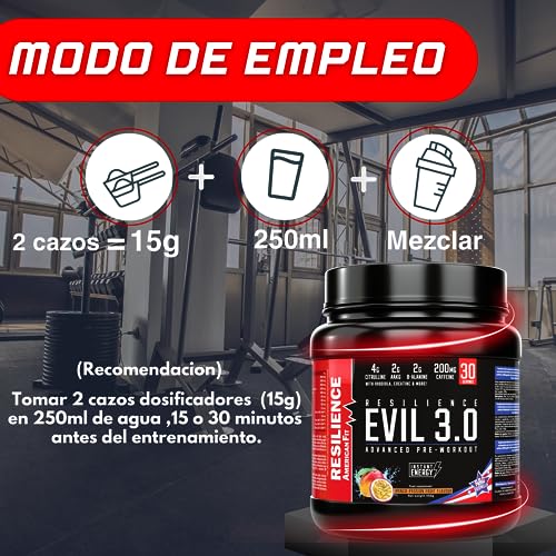 Evil 3.0|Gimnasio Preentreno|450g|Pre Workout con Cafeína|Creatina en Polvo|Beta Alanina|Preentrenamiento Potente| Mango Pasion