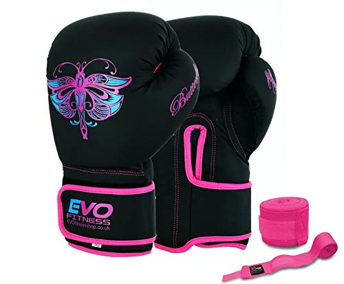 EVO Fitness Guantes de boxeo rosa mate para mujer, bolsa de boxeo para mujer, MMA Muay Thai, artes marciales, Kick Boxing para niñas, combate, entrenamiento de combate, guantes con envolturas de mano