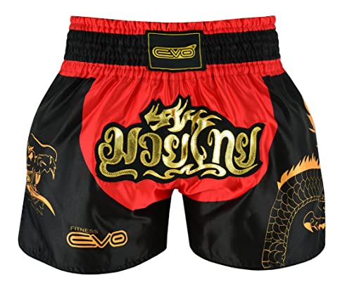 EVO Fitness Pantalones cortos para Muay Thai, artes marciales, artes marciales, grappling, kickboxing, UFC, jaula, lucha, gimnasio, entrenamiento, hombres y mujeres (L, rojo/negro)