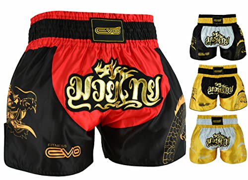 EVO Fitness Pantalones cortos para Muay Thai, artes marciales, artes marciales, grappling, kickboxing, UFC, jaula, lucha, gimnasio, entrenamiento, hombres y mujeres (L, rojo/negro)