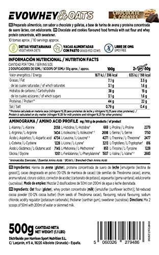 Evowhey & Oats de HSN | Sabor Chocolate Galletas 500 gr = 10 Tomas | Proteína Whey con Harina de Avena | Ideal para Desayunos o Meriendas | Bajo en Azúcar | No-GMO, Vegetariano, Sin Soja