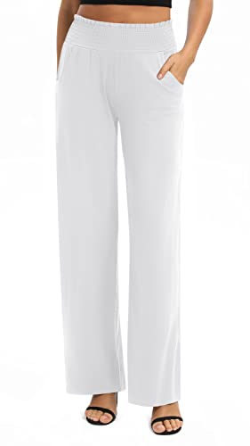 EXCHIC Mujeres Sólido Suelto Pierna Recta Palazzo Pantalones Cintura Alta Elástico Casual Pantalones con Bolsillos (S, Blanco)