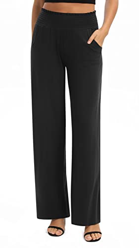 EXCHIC Mujeres Sólido Suelto Pierna Recta Palazzo Pantalones Cintura Alta Elástico Casual Pantalones con Bolsillos (XL, Negro)