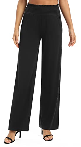 EXCHIC Mujeres Sólido Suelto Pierna Recta Palazzo Pantalones Cintura Alta Elástico Casual Pantalones con Bolsillos (XL, Negro)