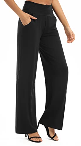 EXCHIC Mujeres Sólido Suelto Pierna Recta Palazzo Pantalones Cintura Alta Elástico Casual Pantalones con Bolsillos (XL, Negro)