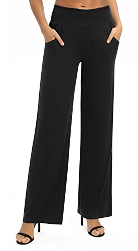 EXCHIC Mujeres Sólido Suelto Pierna Recta Palazzo Pantalones Cintura Alta Elástico Casual Pantalones con Bolsillos (XL, Negro)