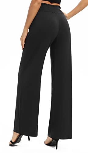 EXCHIC Mujeres Sólido Suelto Pierna Recta Palazzo Pantalones Cintura Alta Elástico Casual Pantalones con Bolsillos (XL, Negro)