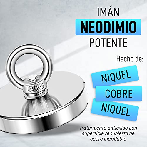 Exeum | Iman neodimio potente 100 KG fuerza | Imanes potentes pesca magnética | Incluye caja + cuerda 10m con mosquetón + guantes protección | Iman neodimio ideal para pesca.