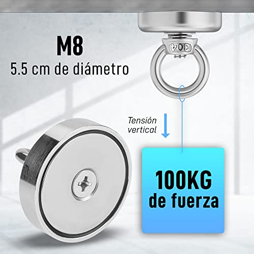 Exeum | Iman neodimio potente 100 KG fuerza | Imanes potentes pesca magnética | Incluye caja + cuerda 10m con mosquetón + guantes protección | Iman neodimio ideal para pesca.