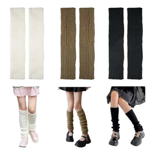 EXIN DECHEN 3 Pares Calentadores Piernas para Mujer y Niña,Y2k Invierno Leg Warmers,Calentadores de Piernas para Mujer,Calentadores de Punto Calcetines de Algodón Largo Elástico(Negro/Blanco/Caqui)