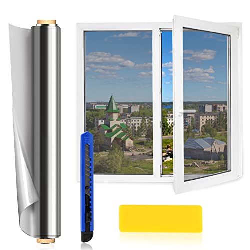 EXLECO 90x400cm Vinilo para Ventanas Vinilos Adhesivos para Cristales Vinilo Espejo para Ventanas Película para Ventana Aislamiento de Protección Solar Unidireccional Protector de Privacidad Plata