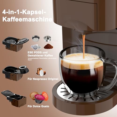 Expreso 4 en 1 Cafetera de Capsulas para Dolce Gusto/Nespresso Original/L’OR/Starbucks/Ground/ESE Pods(44mm),19 Bar Alta Presión Apagado Automático Depósito cafetera capsulas