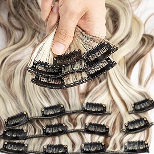 Extensiones de Clip de Pelo Natural 8 Piezas Extensiones de Cabello Rizadas Postizo Largo Full Head Clip in Hair Extension (Marrón dorado&Blanqueador rubia)