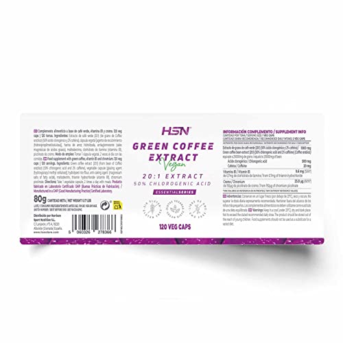 Extracto de Café Verde de HSN | 20000 mg Green Coffee Bean + 500 mg Ácido Clorogénico + 20mg Cafeína por Dosis Diaria | 20x Veces Más Concentrado | No-GMO, Vegano, Sin Gluten | 120 Veg Caps