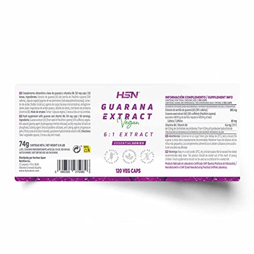 Extracto de Guaraná 800 MG - Paullinia cupana - de HSN | 120 Cápsulas Vegetales 4800 MG equivalencia Semillas de Guarana por Dosis Diaria | 6x Veces Más Concentrado | No-GMO, Vegano, Sin Gluten