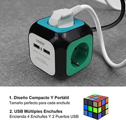 EXTRASTAR 6 en 1 Cubo Regleta Enchufe con USB de 4 Enchufes + 2 Puertos USB 5V, 1.5M, MAX 3680W, 16A, Color, para Hogar Oficina