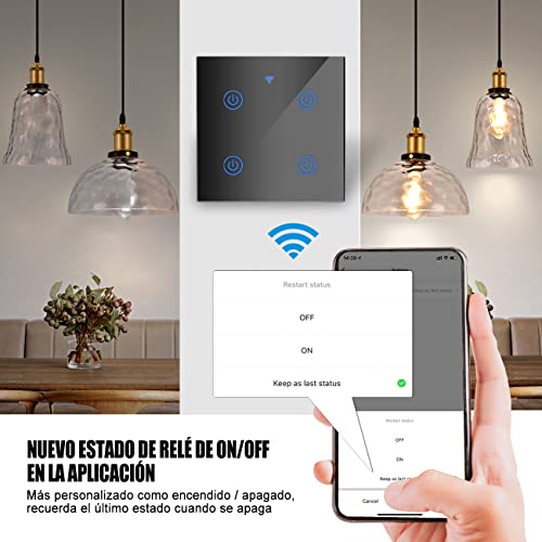 EXTRASTAR Interruptor de Pared Táctil Wi-Fi, 4 Vías, 4 Canales, Compatibilidad con asistentes inteligentes como Google Home y Amazon Alexa Se Requiere Cable Neutro Negro