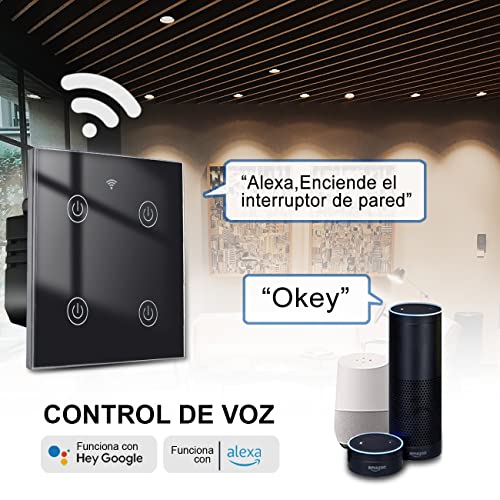 EXTRASTAR Interruptor de Pared Táctil Wi-Fi, 4 Vías, 4 Canales, Compatibilidad con asistentes inteligentes como Google Home y Amazon Alexa Se Requiere Cable Neutro Negro