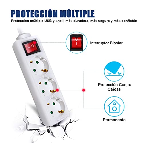 EXTRASTAR Regleta Alargador con 3 Enchufes e Interruptor, Cable 1.5M Clavija Plana, para el hogar, Oficina y Viajes, 16A, 250V, 3680W, Blanco