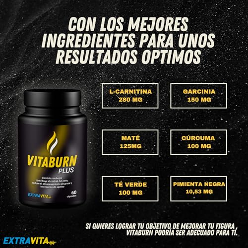 extraVITA- Quemagrasas Potente para Adelgazar, Control del Apetito en 3-4 semanas, L-Carnitina, Garcinia, Curcuma | Termogénico y Adelgazante | 60 cápsulas