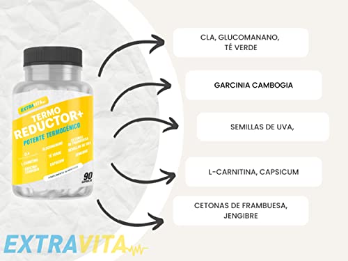 extraVITA-Termogénico y Adelgazante con avanzada Acción Quemagrasas | Garcinia Cambogia + L-Carnitina + CLA + Glucomanano + Te Verde | 90 cápsulas.