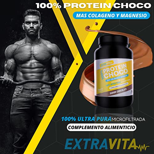 extraVITA - WHEY PROTEINA DE CHOCOLATE, 100% PURA PROTEINA WHEY CON COLAGENO + MAGNESIO, PROTEINAS PARA AUMENTAR MASA MUSCULAR, PRE ENTRENO BATIDOS DE PROTEINAS - 1000G DE SABOR CHOCOLATE