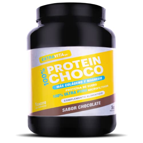 extraVITA - WHEY PROTEINA DE CHOCOLATE, 100% PURA PROTEINA WHEY CON COLAGENO + MAGNESIO, PROTEINAS PARA AUMENTAR MASA MUSCULAR, PRE ENTRENO BATIDOS DE PROTEINAS - 1000G DE SABOR CHOCOLATE