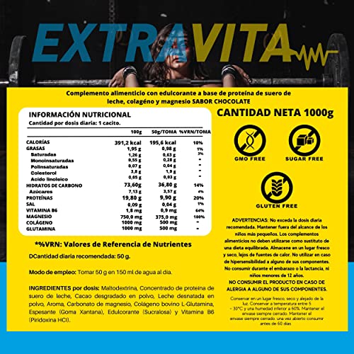 extraVITA - WHEY PROTEINA DE CHOCOLATE, 100% PURA PROTEINA WHEY CON COLAGENO + MAGNESIO, PROTEINAS PARA AUMENTAR MASA MUSCULAR, PRE ENTRENO BATIDOS DE PROTEINAS - 1000G DE SABOR CHOCOLATE