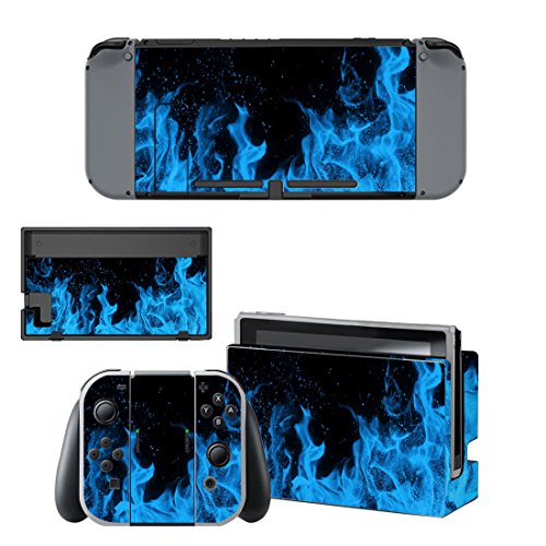 eXtremeRate Conjunto Completo de Pegatinas Cubierta Adhesiva Protectora de Piel Kit de protección para Nintendo Switch Consola Joy-con Radiador con 2 Protectores de Pantalla Llama Azul