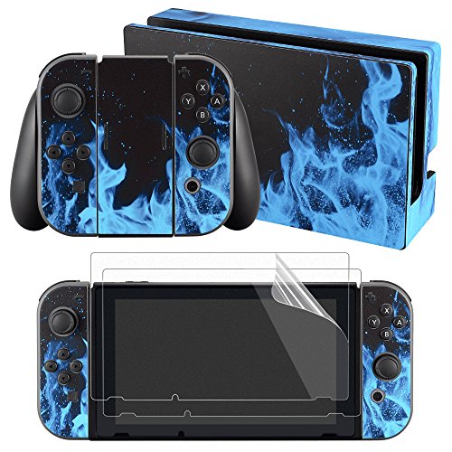 eXtremeRate Conjunto Completo de Pegatinas Cubierta Adhesiva Protectora de Piel Kit de protección para Nintendo Switch Consola Joy-con Radiador con 2 Protectores de Pantalla Llama Azul