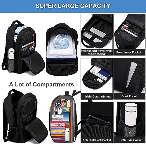 EZUOLA Mochila Portátil 17 Pulgadas para Hombre Mujer Trabajo Mochilas de Viaje con Puerto de Carga USB Escolares Bolso Impermeable Antirrobo Mochila Negocio Trabajo Viaje, Negro