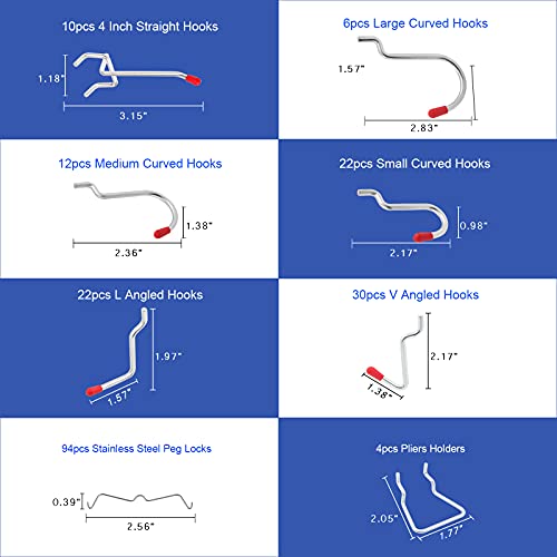 Faankiton 230Pzs Surtido de Ganchos para Tablero de Clavijas, Ganchos Panel Perforado, Cerraduras de Clavijas, Contenedores de Tablero Perforado con Juegos de Ganchos Tablero Perforado Organizador
