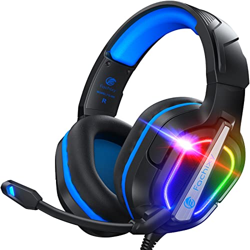 Fachixy FC200 Cascos Gaming para PS4/PS5/PC/Xbox One/Switch, Auriculares Gaming Cancelación de Ruido, Cascos con Microfono Estéreo Sonido, Cascos PS4 con 3.5mm Jack con Luz RGB (Azul)