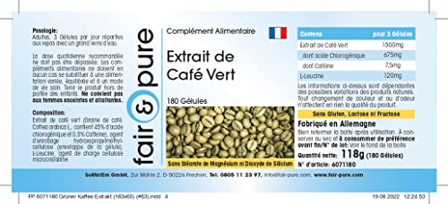 Fair & Pure® - Extracto de Café Verde 500mg - Vegano y natural - 45% de ácido clorogénico - Alta pureza - 180 Cápsulas