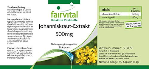 Fairvital | Extracto de Hipérico 500mg - Hierba de San Juan (Hypericum perforatum) - VEGANO - Dosis elevada - 0,3% de hipericina - 90 Cápsulas - Calidad Alemana