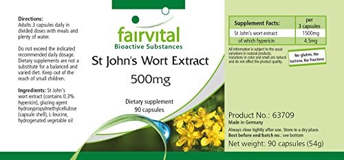 Fairvital | Extracto de Hipérico 500mg - Hierba de San Juan (Hypericum perforatum) - VEGANO - Dosis elevada - 0,3% de hipericina - 90 Cápsulas - Calidad Alemana