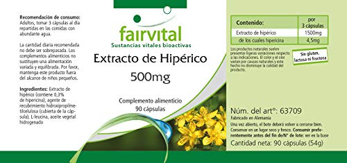 Fairvital | Extracto de Hipérico 500mg - Hierba de San Juan (Hypericum perforatum) - VEGANO - Dosis elevada - 0,3% de hipericina - 90 Cápsulas - Calidad Alemana